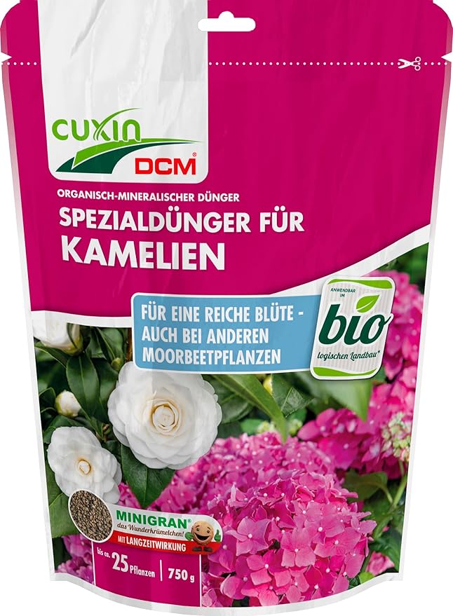 CUXIN – FERTILIZANTE LIGERO PARA CAMÉLIAS, 750g, DE LIBERACIÓN LENTA DE NUTRIENTES, IDEAL PARA PLANTAS ACIDÓFILAS ( CAMÉLIAS, RODODENDROS, AZALEAS,GARDENIAS ETC.) RICO EN MAGNÉSIO Y HIERRO