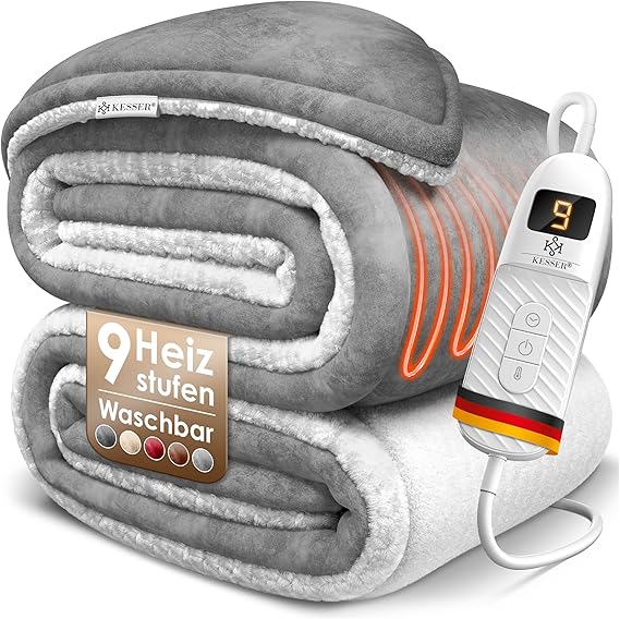 KESSER® Manta térmica de forro polar Sherpa de doble cara con temporizador y apagado automático | Manta suave | 9 niveles de temperatura | Lavable hasta 40 °C | Pantalla digital