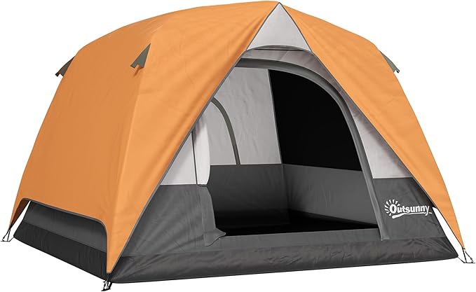 Outsunny Tienda de Campaña para 2-4 Personas Tienda de Camping Plegable con Puerta Ventanas de Malla Bolsillo Gancho y Bolsa de Transporte Impermeable Fácil Instalación para Senderismo Naranja y Gris